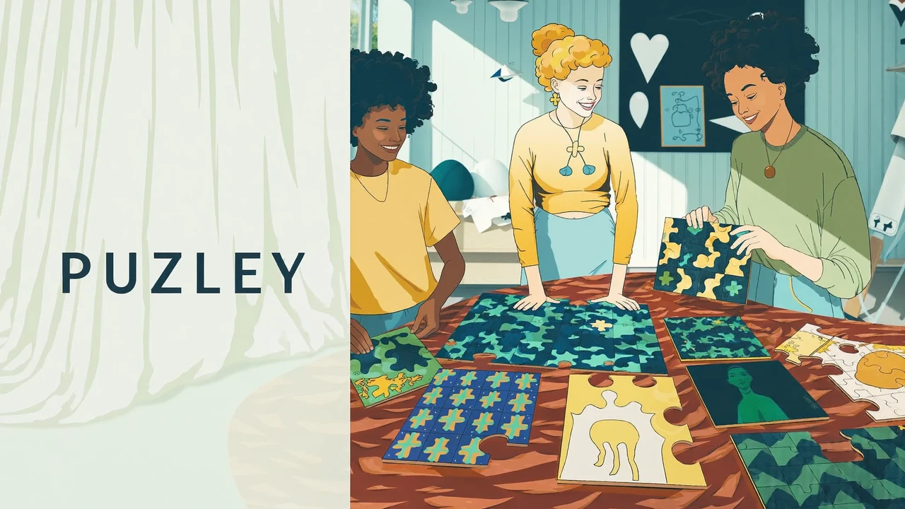 Illustrative Kampagnenszene mit Puzzles und Tischspielen auf einem hellen Tisch